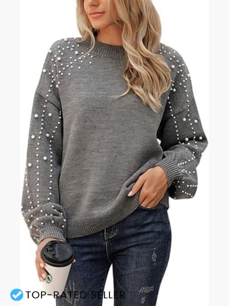 Chunky Crewneck Pullover Sweater Oversized Lantern Sleeve Knit Pearl Detail